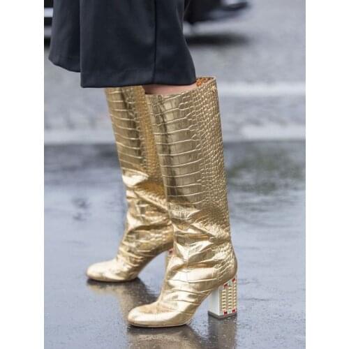 Gold Leather Crystal Block Heel Boots Knee High Almond Toe Street Style Fashion Dress Outfit Boots Winter Spring Shoes Ladies