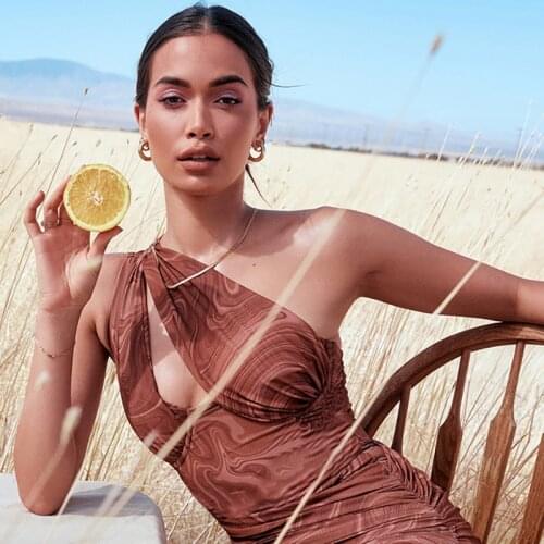 2021 Summer Fashion Mini Dress Party Dress Novelty Sexy Tight Dress Printed Slanted Shoulder Hollow Open Back Pleated Sexy Dress