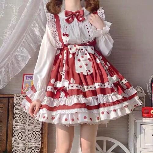 2021 Japanese Cute Gothic Lolita Strawberry Dress Summer Sweet Girl Cute Woman JK Uniform Girl Harajuku Maid Sling Dress Suit