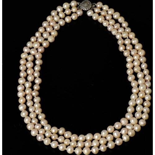 3 row Lovely and Beautiful Light gold 7-8 mm for women Natural Freshwater unique pearl Necklace. The wedding gift