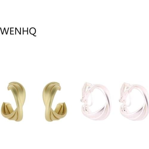 GRACE JUN Handmade Vintage Golden C Shape Clip on Earrings Hoop Non Pierced Cute Earrings for Women 2021 Trend Jewelry Good Gift