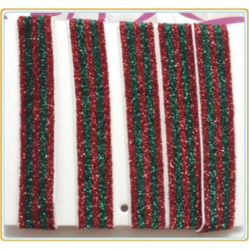 Price Negotiated) 5/8" Christmas Red / Green Four Stripes Stretch Glitter Velvet Ribbon