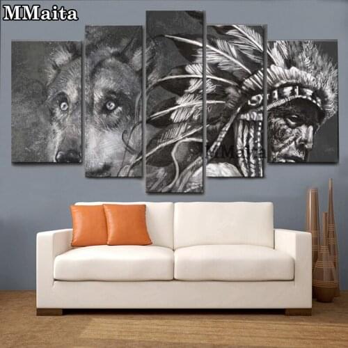 Black and white wolf and Indian Diamond Painting Full Square Drill Diamond Embroidery Cross Stitch Kit Mosaic 4 pcs Decor GG5658