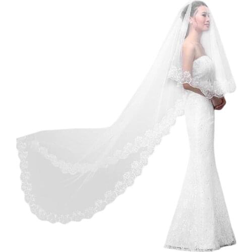 Women Pure White Wedding Veil 3M Long Embroidered Floral Lace Scalloped Edge Bridal Cathedral 1 Layer Party Accessories No Comb