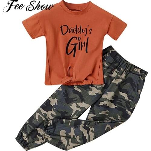 2Pcs Kids Girls Cotton Summer Suit Tracksuits Short Sleeves Letters Camouflage Print T-shirt with Pants Set for Running Sports