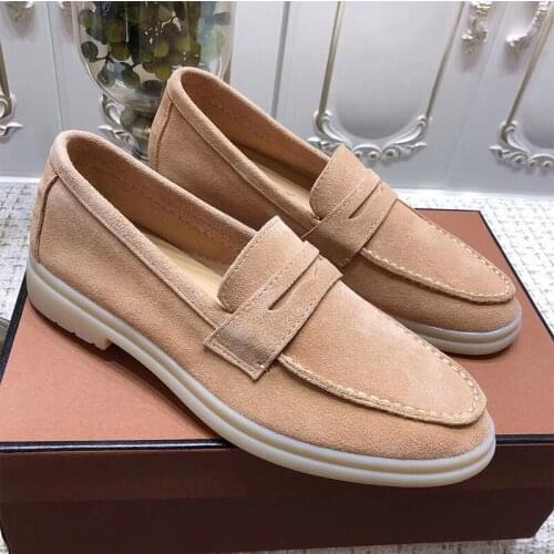Nude Suede Leather Loafers Women Driving Shoes Round Toe Slip on Leisure Flat Shoes Spring Autumn Comfortable Walk Shoes Women