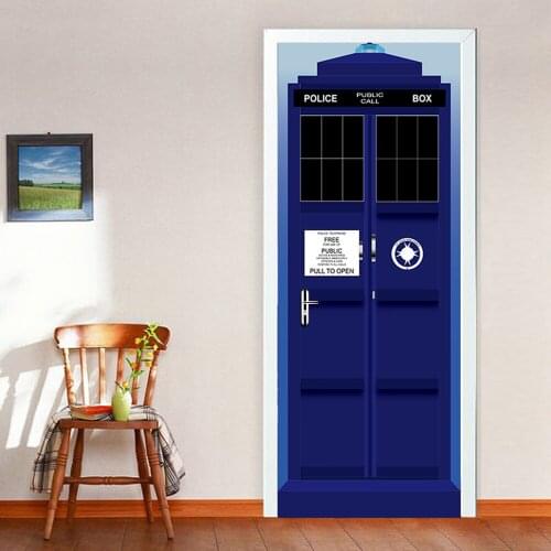 3D PVC The Police Box Door Stickers Wallpaper Wall Sticker Self-adhesive Wallpaper Waterproof Door Living Room Home Decoration