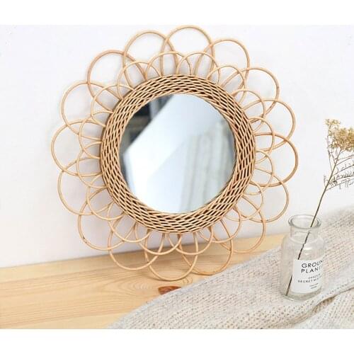 Handmade Rattan Wall-Mounted Mirror Hanging decor Mirror Circle Woven Bamboo Wicker Modern Decor For Living Room Bathroom