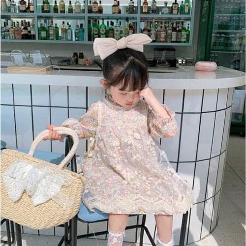 2021 Summer New Girls Dress Two Piece Sweet and Lovely Children Lace Broken Flower Princess Dress