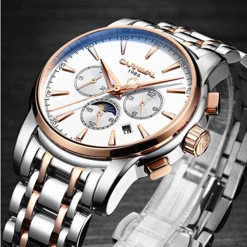 Original brand CARNIVAL Calendar luminous watch men moon phase automatic mechanical watches full steel waterproof Bar scale