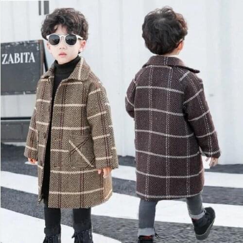 Winter Autumn 4-12Years Boys Medium Length Woolen Coat Boy Trench Lapel Thicken Jacket Children Outerwear Wool Coat Overcoat
