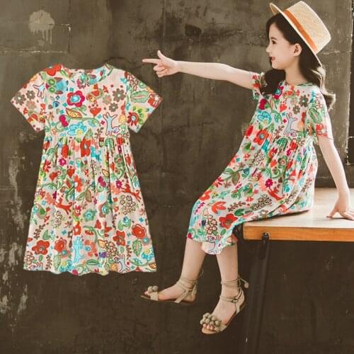 Girls dress floral new summer dress western style girl mid-length print mid-large childrens dress skirt