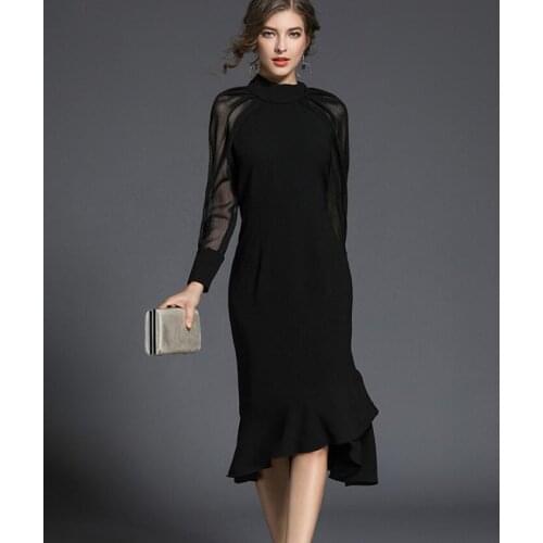 Womens spring summer long mesh sleeve solid black color fish tail dress female high waist slim chic dress TB932