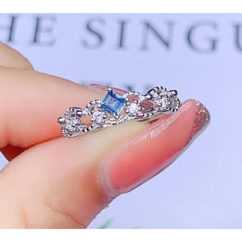 Retro delicate Hollow out square Natural blue topaz gem Ring S925 Silver Natural Gemstone Ring girl Women party gift Jewelry