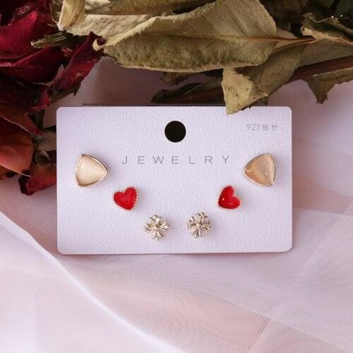 Cute Geometric Enamle Opal Stud Earrings for Women 925 Silver Earrings Set 3 Pair Wholesale Red Heart Jewelry Accessories серьги