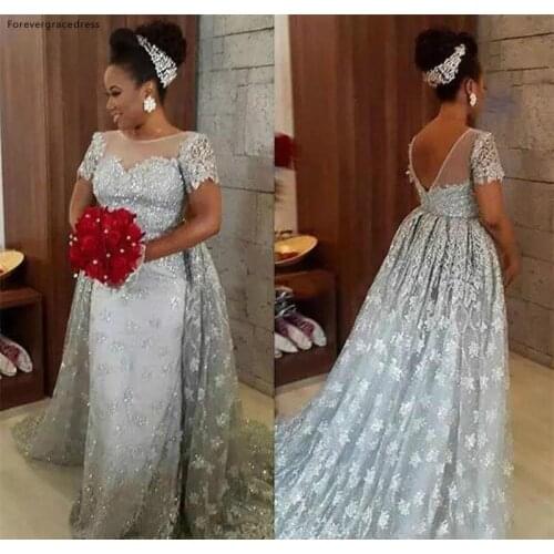 Silver Short Sleeves Wedding Dresses 2019 A Line Appliqued Country Garden Formal Bride Bridal Gowns Plus Size Custom Made