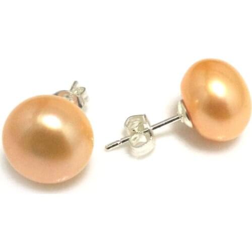 11-12mm Orange Natural Cultured Freshwater Button Pearl 925 Sterling Silver Earring