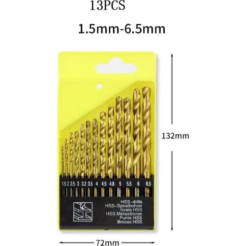 13Pcs Titanium-Plated Twist HSS Set Cobalt-containing Drills Electric Drill Metal Drill Bit Power Tool Accessories 1.5mm-6.5mm