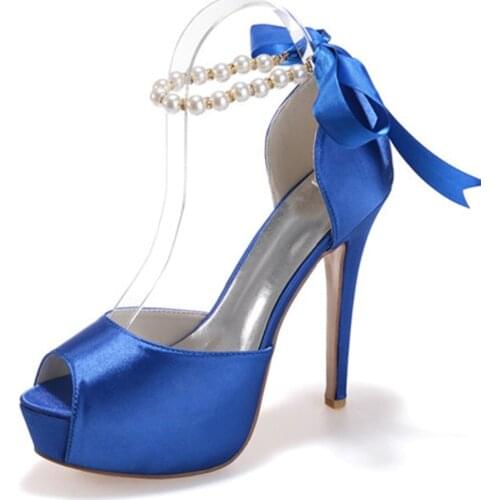 High Heels Platform Satin Wedding Shoes Peep Toe Heeled Platform Ankle Pearls Prom Evening Party Ladies Dress Pumps