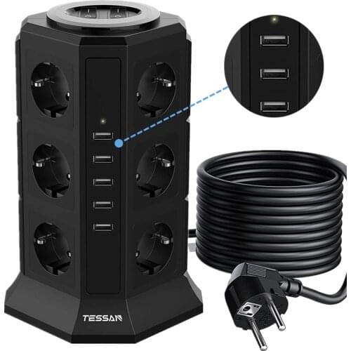 TESSAN Tower Multi Power Strip Vertical EU Plug 12 Way Outlets Sockets with 5 USB Overload Protector Switch 2M Extension Cord
