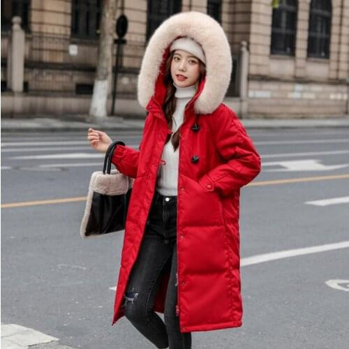 QingWen Women Winter Fur Collar White Duck Down Coats Female Temperament Mid-length Thick Solid color Jacket Jaqueta Feminina