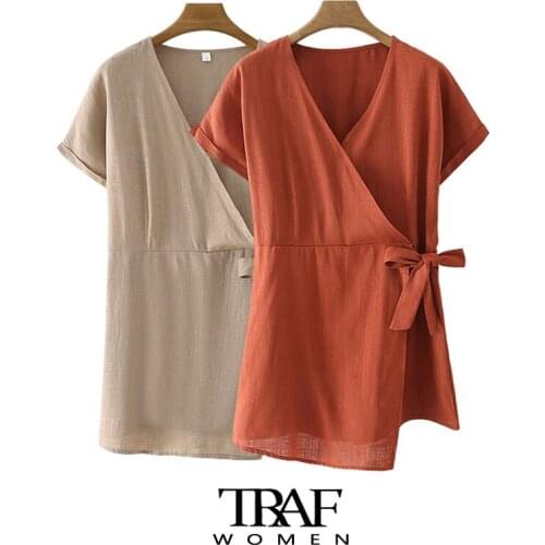 TRAF Za Women Chic Fashion With Bow Tied Wrap Playsuits Vintage Short Sleeve Elastic Waist Female Jumpsuits Mujer