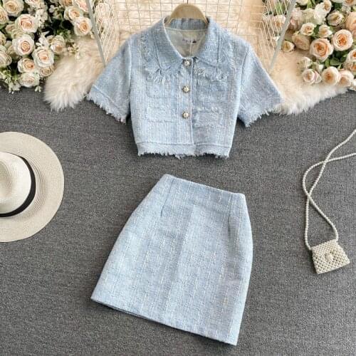 Women Summer Two 2 Piece Set Korean Fashion Tweed Single Breasted Tassle Short Sleeve Tops And High Waist Bodycon Mini Skirt