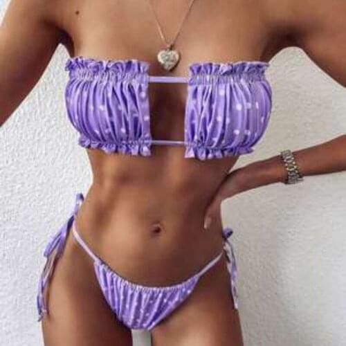 Womens Swimming Suit Sexy Bikini Pleated Bandeau Swimsuit Female Mini Thong Bikini Set Bather Beachwear for Bathing Suit