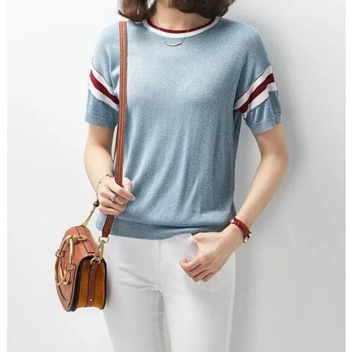 Women Sweater Spring/Summer 2020 New Knitted Short Sleeve Pullover Fashion Casual Blue Knitted Short-sleeved T-shirt
