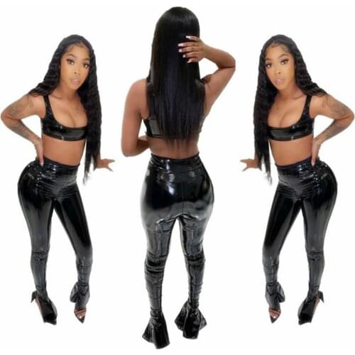 Adogirl Bright PU Leather Sexy 2 Piece Set Womens Low Neck Sleeveless Crop Tank Top and Flare Bell Bottom Pant Club Outfits