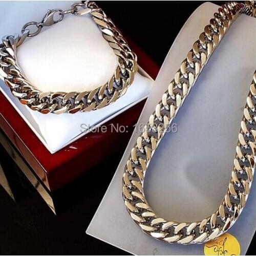 10mm wide Heavyweight Sommth Double Link Curb Chain Stainless Steel Cool Men Necklace & Bracelet Set Jewelry