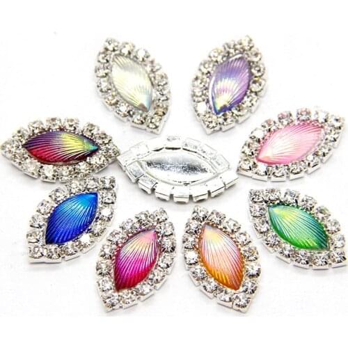 10pcs 10x20mm Mixed AB Color Resin Horse Eye Flatback Silver Metal Rhinestone Cabochon Base Cameo Setting DIY Jewelry Charms