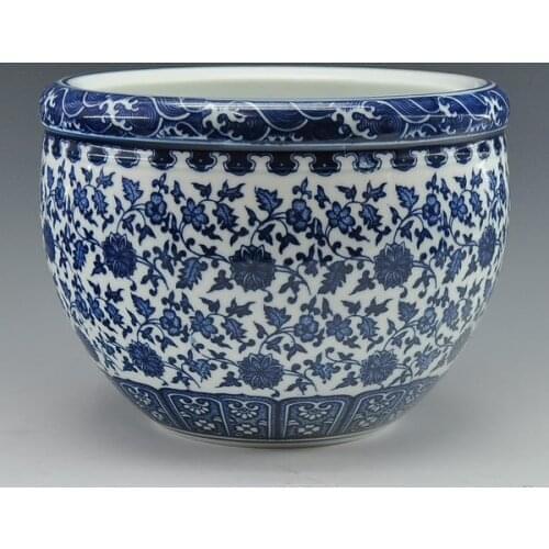 Big Chinese Antique Qing Qianlong Mark Blue And White Porcelain Ceramic Fish Bowl Flower Pot