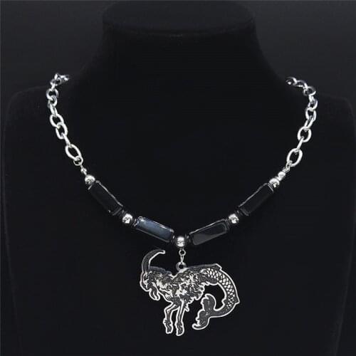 CARICORN Black Natural Stone Beads Stainless Steel Bead Necklaces Pendant Silver Color Chain Necklace Jewelry collar N4085S03