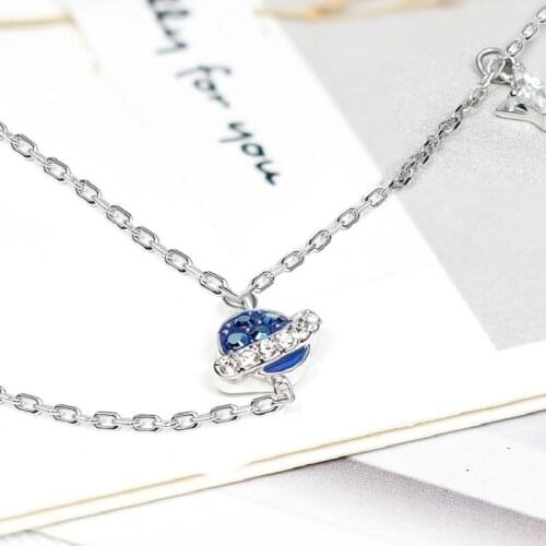 Brand 1:1 Creative Personality Blue Diamond Rocket Planet Y-shaped Silver Tassel Clavicle Necklace Pendant Ladies Accessories