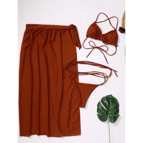 Women Sexy 3 Pieces Bikini Set Solid Color Halter Ruffled Bra Strappy Thong Swimsuit with Tie Waist Mesh Maxi Beach Skirt