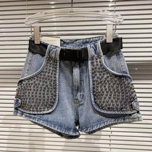 High Waist Denim Shorts Womens Tooling Shorts Heavy Industry Beads Denim Short Pant Ladies