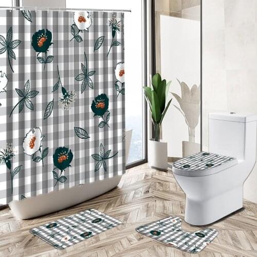 Elegant Geometric Lattice Stripe Print Shower Curtain European Style Simple Bathroom Deco Set Non-Slip Pedestal Rug Toilet Cover