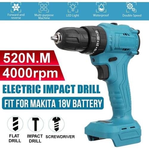 Electric Cordless Brushless Impact Drill Hammer Drill 520Nm Screwdriver DIY Power Tool Rechargable For 18V Makita Battery