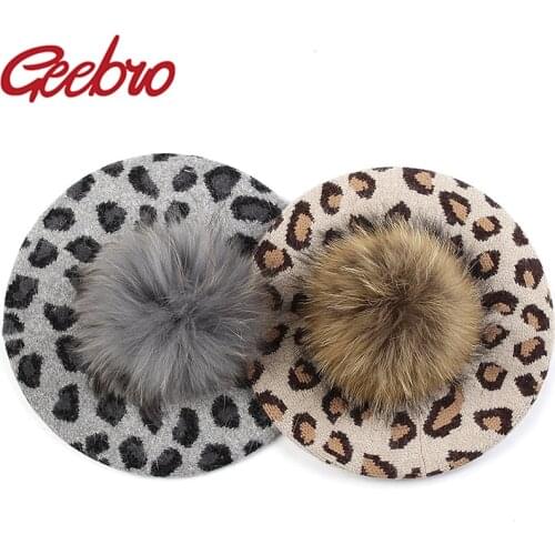 Geebro Fashion Slouchy Women Beret Hat Leopard Print Winter French Style Bonnet Caps for Girls Lady Female With Real Fur Pompom