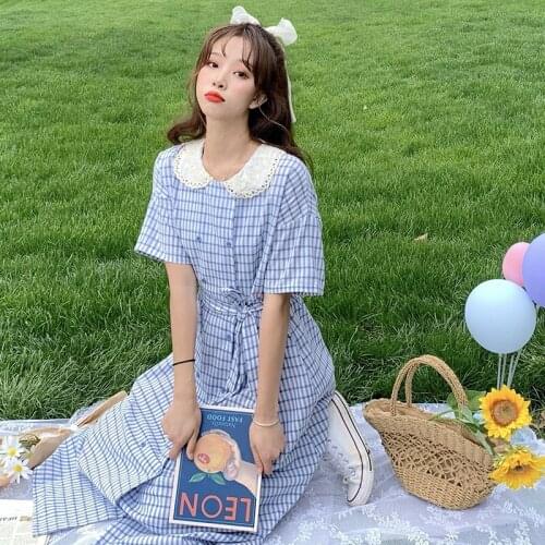 KoreanContrasting Color Lace Doll Collar Waist Hugging Bow Tie-up Double-breasted Plaid Dress Female Summer sweet Lolita dress