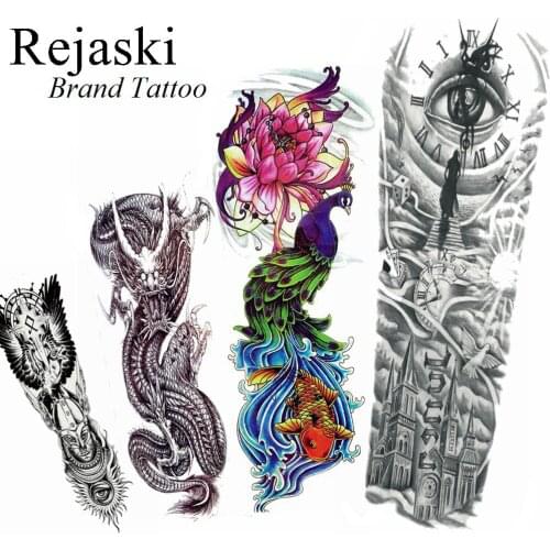 Colorful Peacock Lotus Carp Temporary Tattoo Stickers Women Sexy Summer Style Flash Tatoo Men Black Full Arm Dragon Tattoo Party