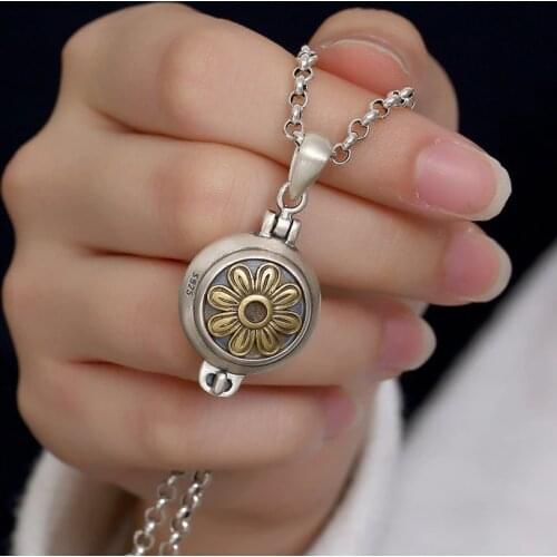 925 Sterling Silver Color Sun Flower Locket Pendant Vintage Openable Shurangama Mantra Pendants For Women Best Birthday Gift