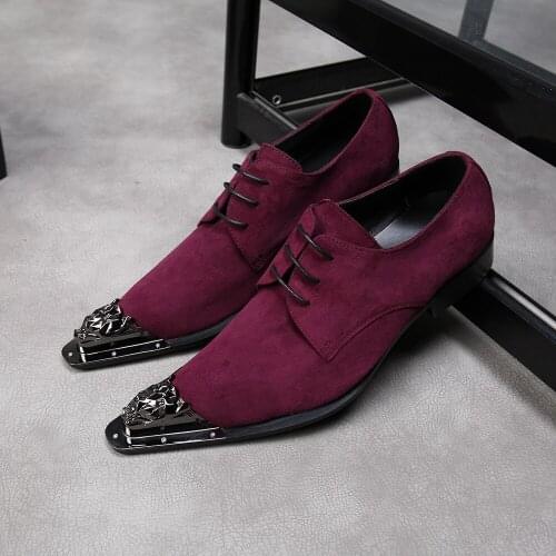 Purple Cow Suede Men Dress Shoes Italian Lace Up Party Shoes Handsome Mens Business Shoes Fashion Metal Toe Oxford Shoes Flats