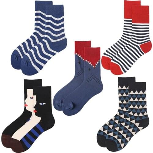 Men Socks Funny Big Face Shark Wave Triangle Stripe Personality Black Fashion Happy Harajuku Hip Hop Cotton Socks Autumn Winter