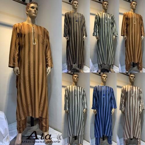 Flowers Embroidery Men Abaya Sets 100%Cotton Jubba Thobe Muslim Kaftan Djellaba Long Robe With Trousers Pakistan Islam F0701