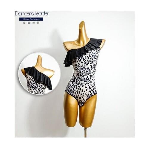 2020 new latin dance leopard print diagonal shoulder ruffle one-piece top ballroom performance sexy top