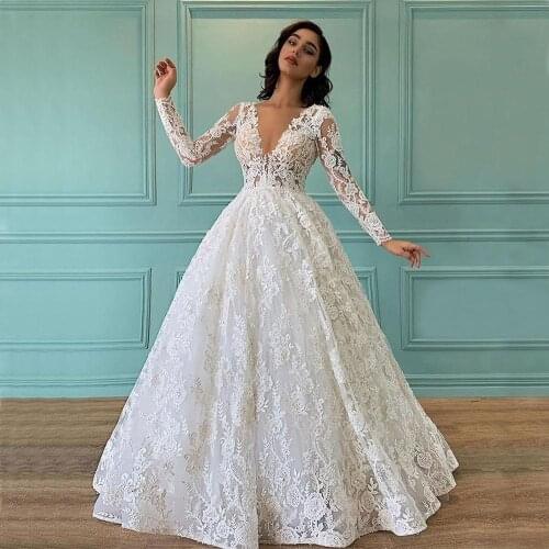 Charming Full Lace Wedding Gowns Deep V Neck A Line Long Sleeves Garden Country Bridal Party Dresses Sweep Train Plus Size robe