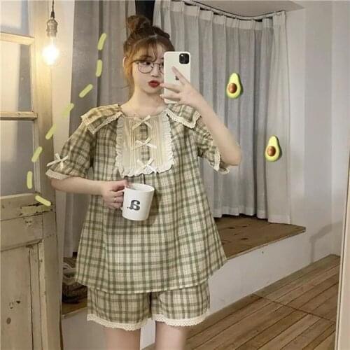 100% Cotton Pajamas Set Short Sleeve Shorts Sexy Lace Sleepwear Plaid Sweet Femme Student Spring Casual Pyjama kPaCotAkoWka