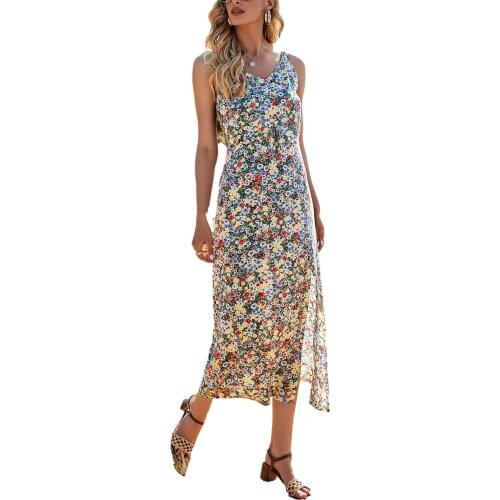 2021 New Summer Female Dresses Floral Print Sexy Dress V-Neck Sleeveless One-Piece Close-Fitting Sundress for Beach S/M/L/XL